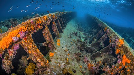 Aufkleber - Underwater shipwreck, fish swarm, corals cover the structure.