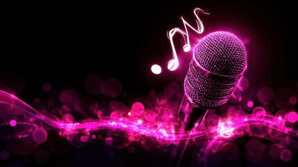 Poster - Glowing pink microphone with notes and abstract bokeh on dark background.