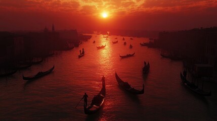 Poster - Gondolas float on canal at sunset.