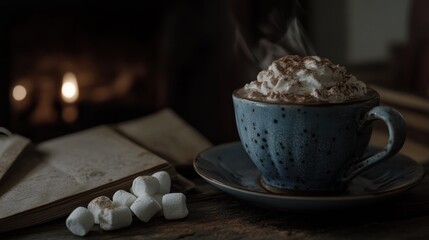 Poster - Steaming hot chocolate with marshmallows by fireplace.