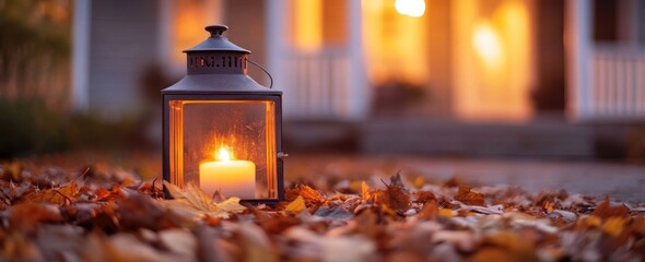 Aufkleber - Lantern with lit candle and autumn leaves on the ground in twilight.