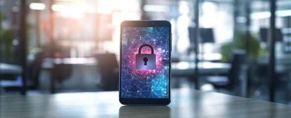 Poster - Locked phone screen, abstract design, office background, secure data.