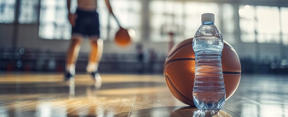 Poster - Basketball, water bottle on court floor, person dribbling ball in background.