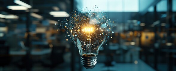 Poster - Glowing light bulb with a network overlay in an office setting.
