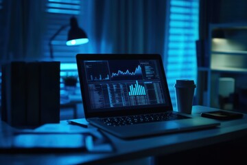 Poster - Laptop displaying graphs, dark room.