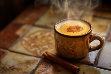 Aufkleber - Steaming latte with cinnamon on tiled surface.