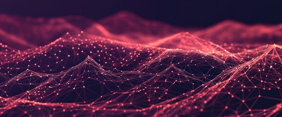 Poster - Red polygonal network, low poly mountain, geometric, abstract mesh.