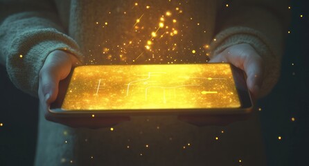 Aufkleber - Hands hold glowing phone with path.