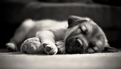Poster - Sleeping puppy with paws and closed eyes in black and white.