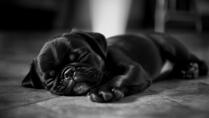 Poster - Pug puppy sleeps peacefully on floor, in black and white.
