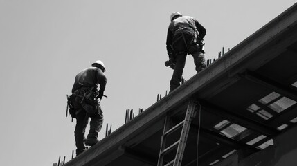 Poster - Workers on steel beam in hard hats.