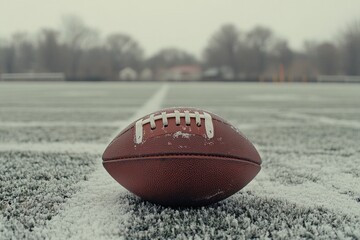 Poster - Football lies on snowy field, overcast sky.
