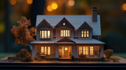 Leinwandbilder - Miniature house with warm interior lights, night setting.