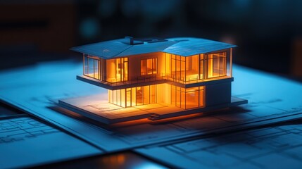 Leinwandbilder - Model house lit on blueprints.