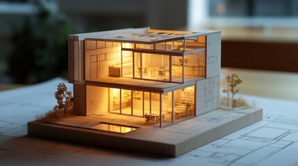 Poster - Scale model of modern house with lights and plans.
