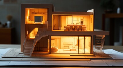 Poster - Modern architectural model, illuminated indoors, atop blueprints.