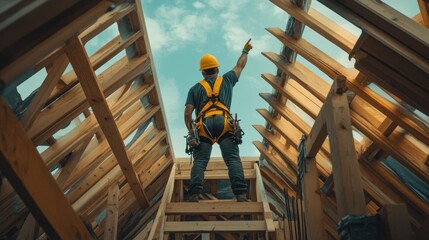 Poster - Roofer points up from roof framing structure.