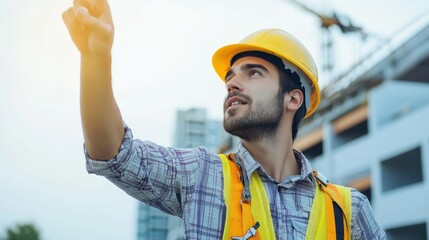 Poster - Young man points up on construction site, wearing hard hat and safety vest.