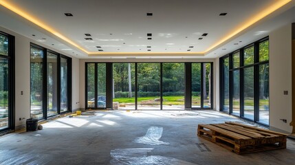 Leinwandbilder - Empty room with large windows and wooden pallet, construction project.
