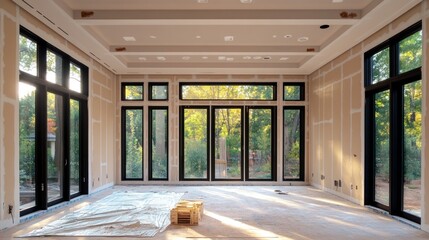 Leinwandbilder - Unfinished room with drywall and black framed windows overlooking trees.
