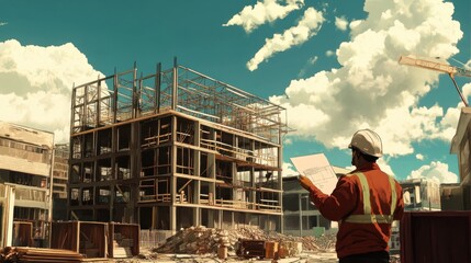 Poster - Construction worker views building blueprint.