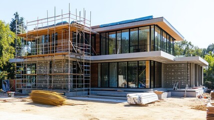 Poster - Modern house under construction with scaffolding and materials.