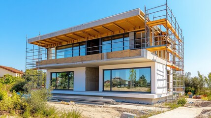 Aufkleber - New house construction with scaffolding under blue sky.