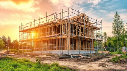 Leinwandbilder - House frame under construction with scaffolding in golden sunset.