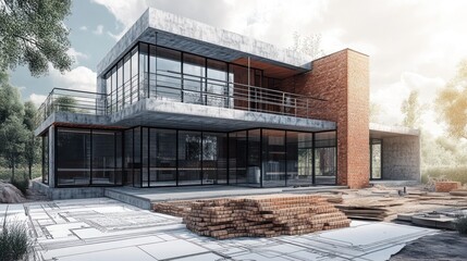 Poster - Modern two-story home under construction.