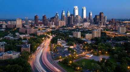 Poster - Aerial view of Philadelphia's skyline at night, with vibrant car light trails on winding highways and digital holograms enhancing the scene
