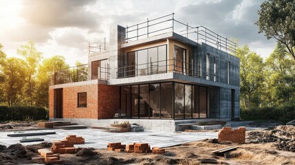 Aufkleber - Modern house under construction with brick and concrete.