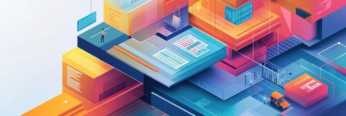 Poster - Isometric abstract blocks, figures, vehicles.