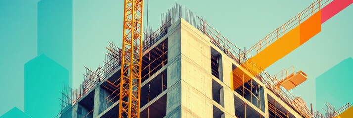 Poster - Building under construction with crane and abstract geometric overlay.
