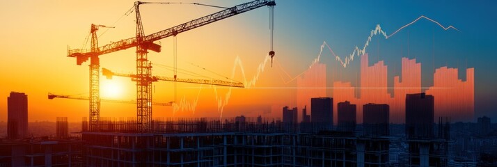 Poster - Cranes with city silhouette and graph at sunset.