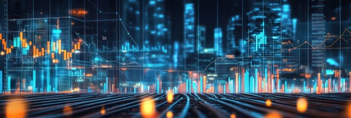 Aufkleber - City skyline with glowing data charts on grid in a digital composition.