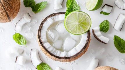 Sticker - Coconut halves with lime, ice, mint, on white.