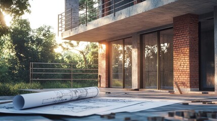 Poster - Exterior view of a modern house under construction at sunset with blueprints.