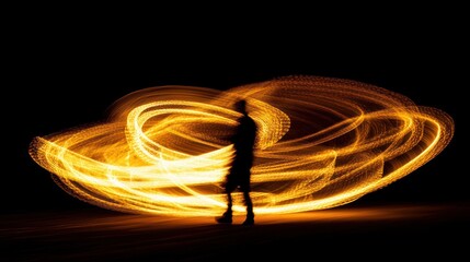 Poster - Silhouette person surrounded by vibrant light trails on dark background.
