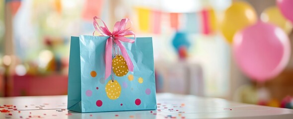 Poster - Blue gift bag with pink ribbon on a birthday table setting.