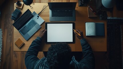 Poster - Person drawing on tablet at desk with laptops and notebook.