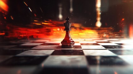 Poster - Red king chess piece stands on a chessboard with fire background.