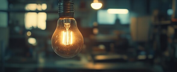 Poster - Glowing bulb hanging in dark room, blurred background.