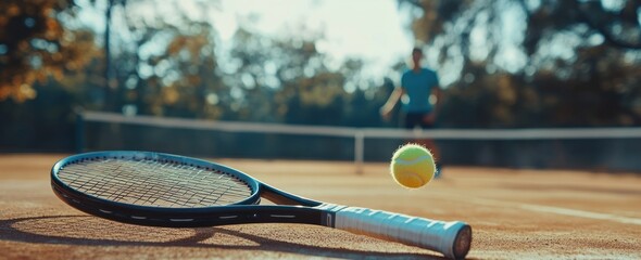 Wall Mural - Tennis ball mid-air near racket on court with person in background.