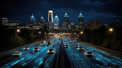 Poster - Aerial view of Philadelphia's skyline at night, with vibrant car light trails on winding highways and digital holograms enhancing the scene