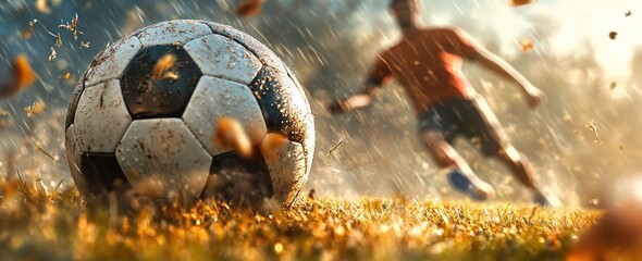 Wall Mural - Football in motion; leaves fall, player in background during a raining day.