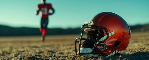 Poster - Football helmet with player running blurred background.
