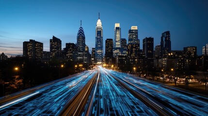 Poster - Aerial view of Philadelphia's skyline at night, with vibrant car light trails on winding highways and digital holograms enhancing the scene