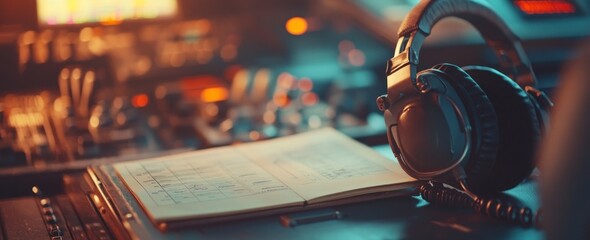 Poster - Headphones and notes on a console with a blurred background.