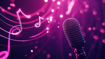 Poster - Glowing musical notes and microphone against abstract pink background.