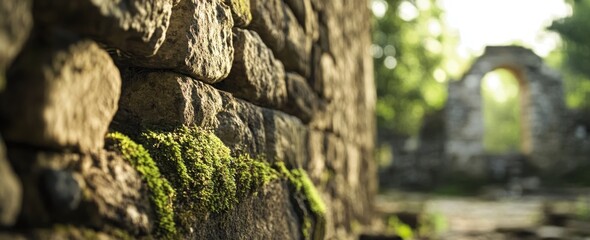 Fototapete - Old stone wall with moss, archway background in soft light.